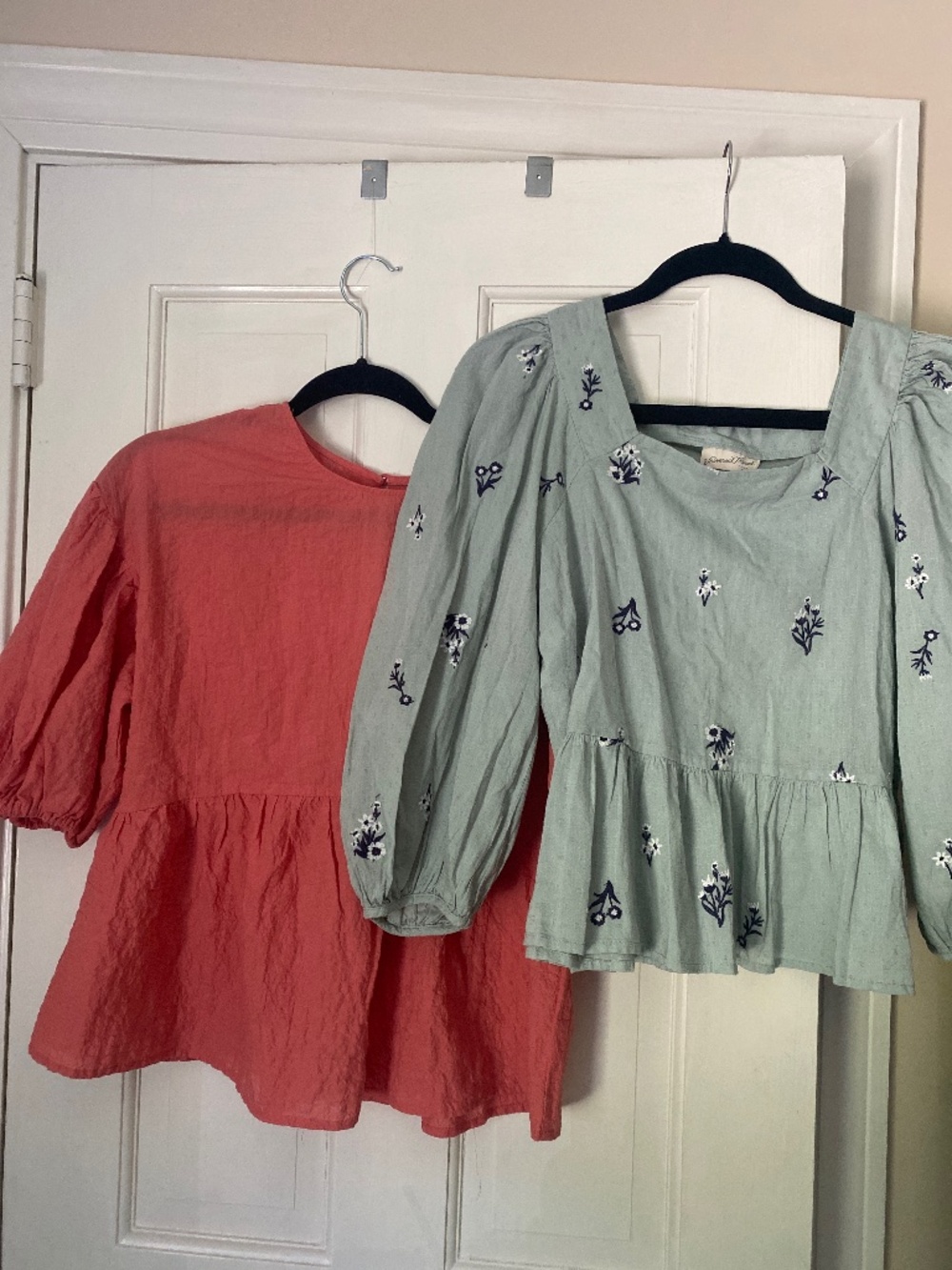 Cotton Bundle two small puff sleeve shirts. Blue green and coral pink small